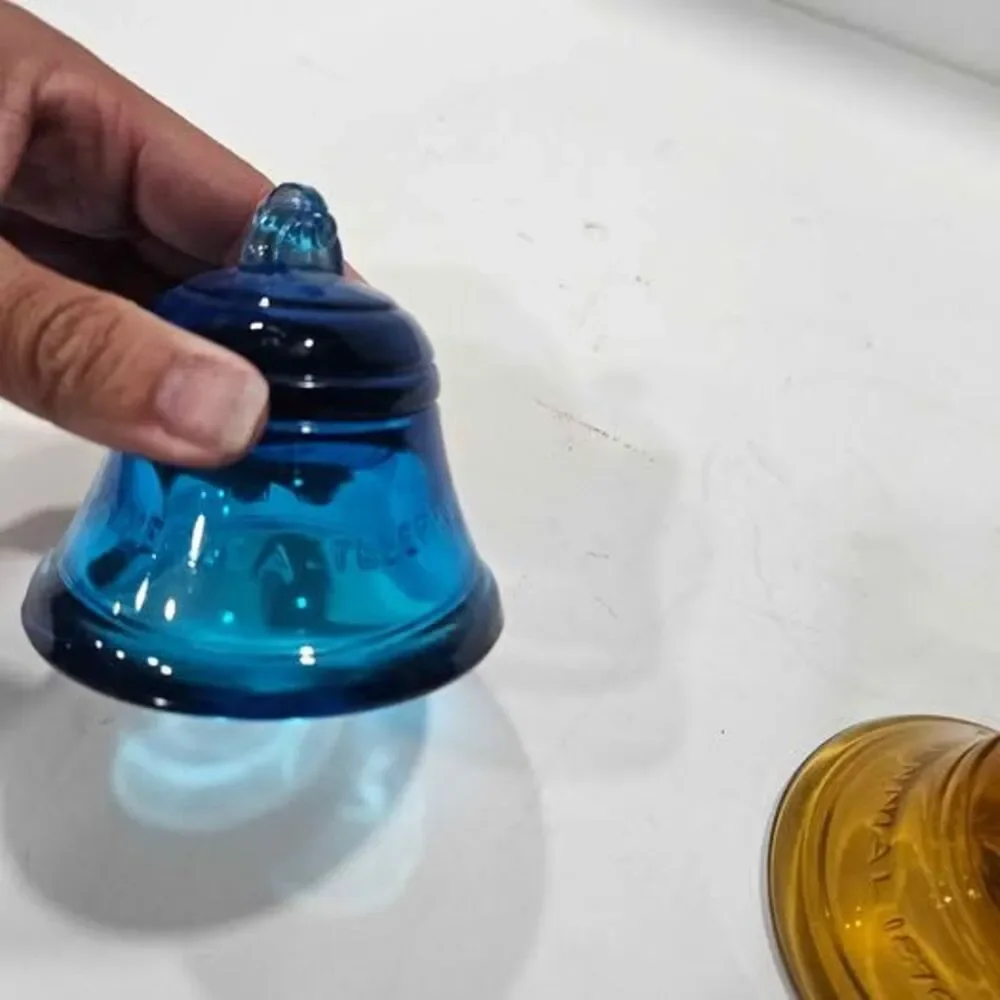 Vintage Blue and Amber Glass Telephone Centennial Bells - Set of 2